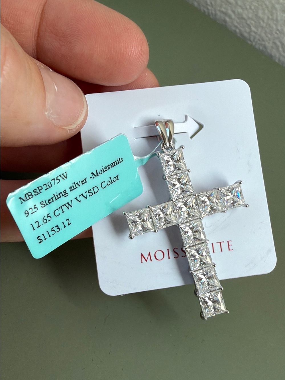 Sterling Silver Moissanite Cross Pendant $1,000 value!